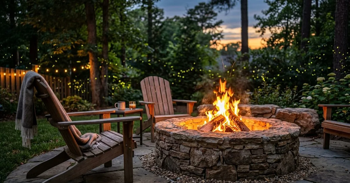 Custom stone fire pit with seating wall glowing at dusk in Raleigh NC