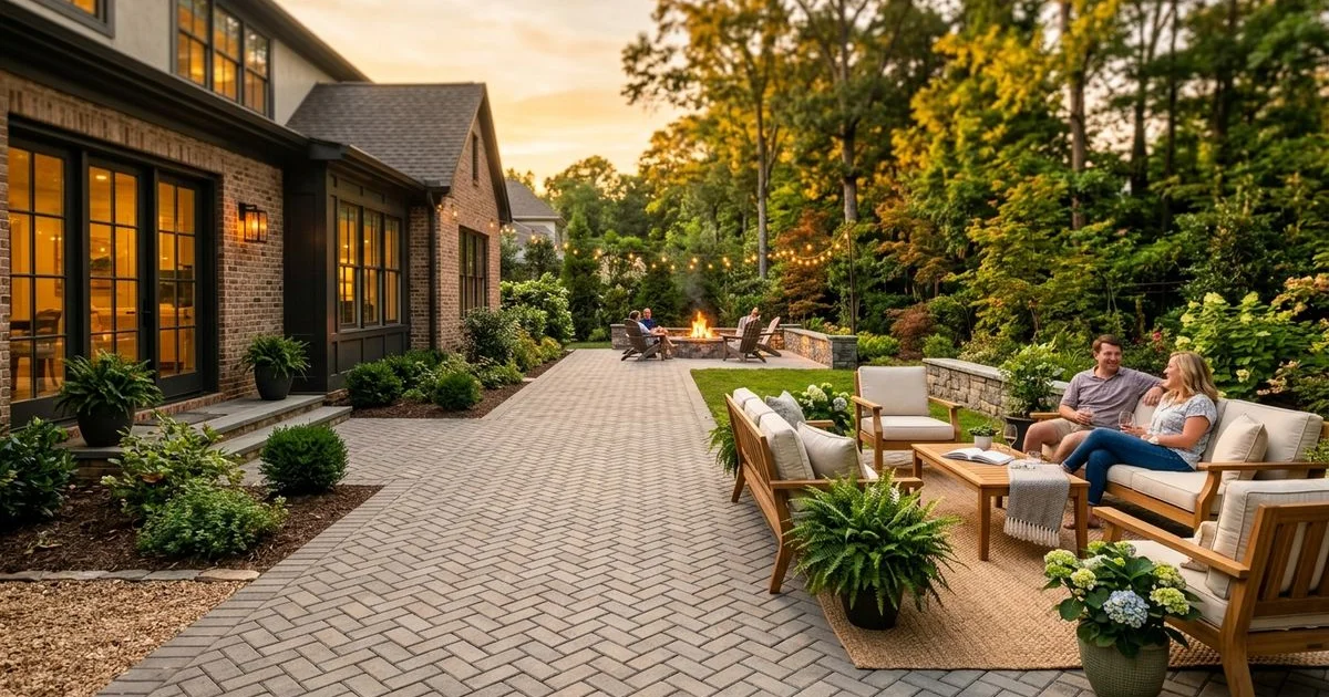 Custom stone patio with elegant furniture in a Raleigh NC backyard
