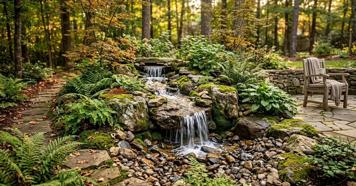 Natural stone pondless waterfall cascading through lush Raleigh NC landscape