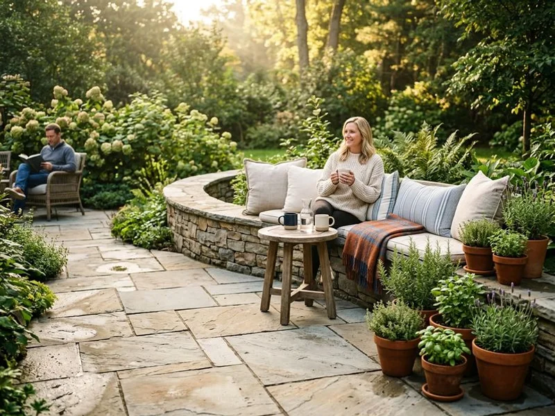 Flagstone patio with built-in seating wall in Raleigh backyard