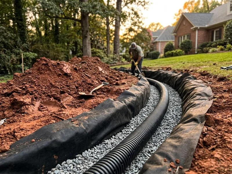 French drain installation in progress on Raleigh property