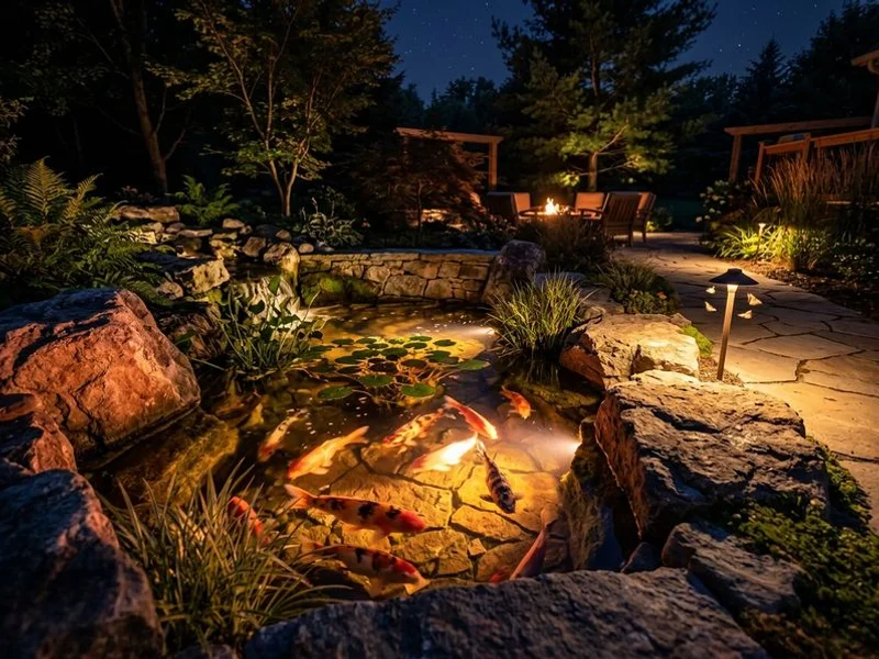 Koi pond illuminated with underwater LED lighting at night