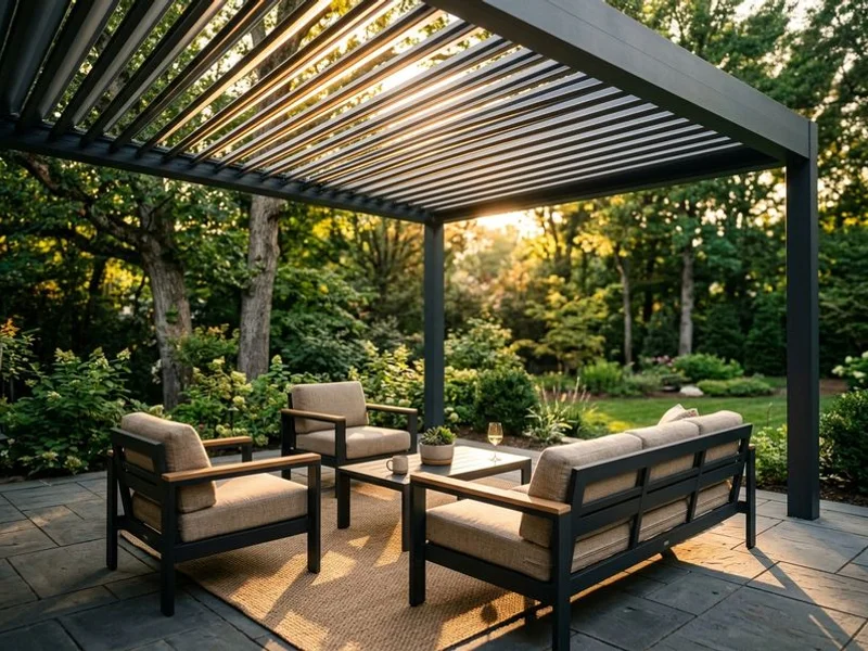 Modern aluminum pergola with motorized louvered roof