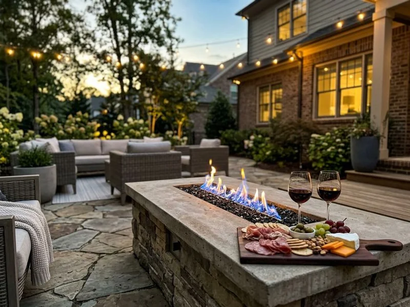 Modern linear gas fire table on Raleigh patio