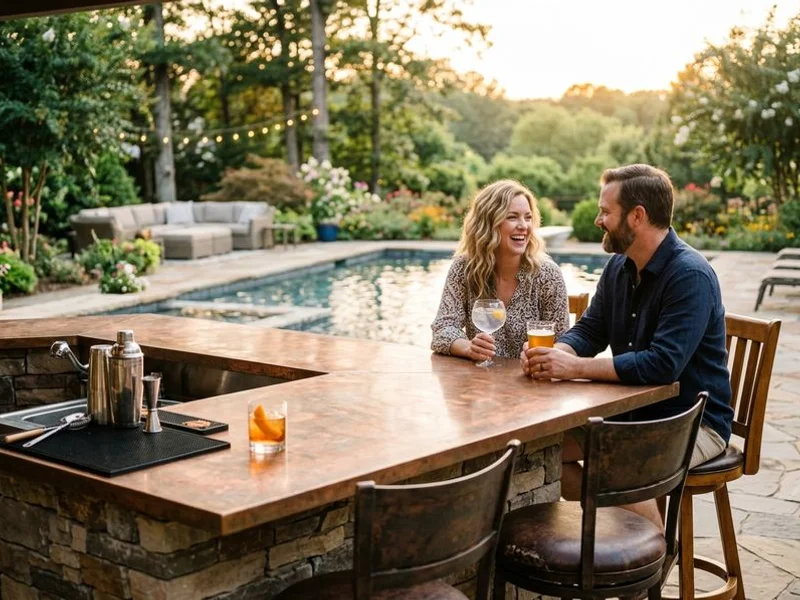 Outdoor kitchen with bar seating and pendant lighting