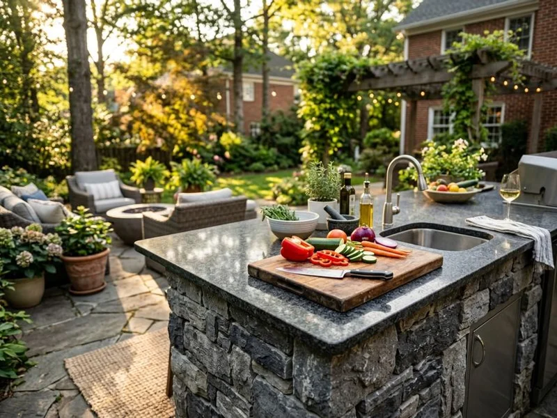 Outdoor kitchen with granite countertops and stainless appliances