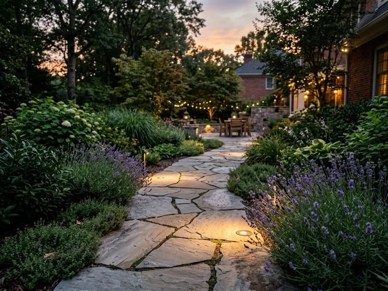 Warm path lighting along Raleigh patio and walkway