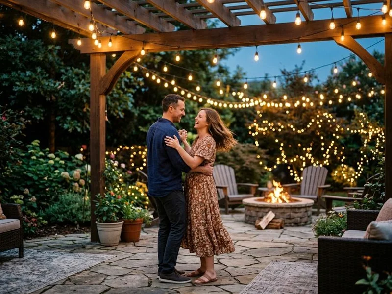 Pergola with string lights creating evening ambiance in Raleigh