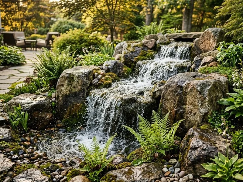 Pondless waterfall with natural boulder cascade in Raleigh garden
