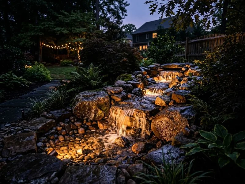 Pondless waterfall illuminated with LED lighting at night