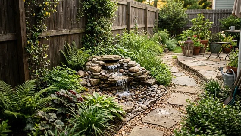 Compact pondless waterfall installed in a small side yard between a fence and patio showing versatile placement options