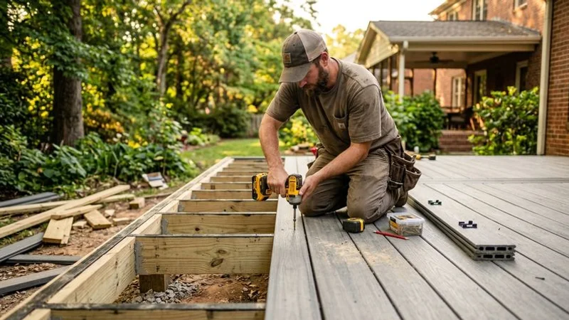 New composite deck construction in progress with framing and decking boards being installed on a Raleigh home