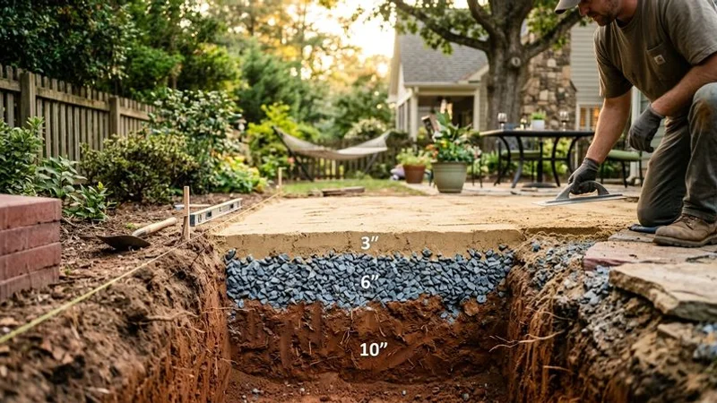 Cross-section view showing layers of red clay soil and proper drainage gravel base preparation for a Raleigh patio installation