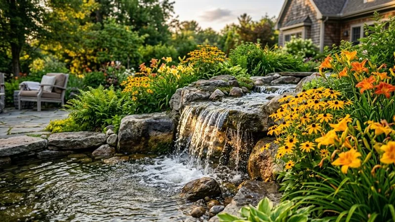 Crystal clear water feature with waterfall flowing over natural boulders surrounded by summer plantings in full bloom