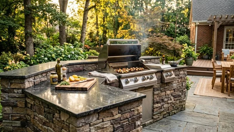 Custom outdoor kitchen with granite countertops built-in grill and stone veneer base under pergola in Raleigh backyard