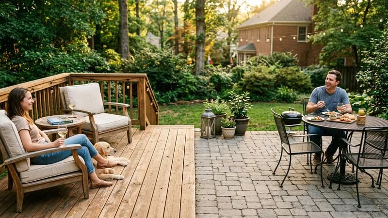 Split view showing a wooden deck on the left and paver patio on the right both in Raleigh residential settings