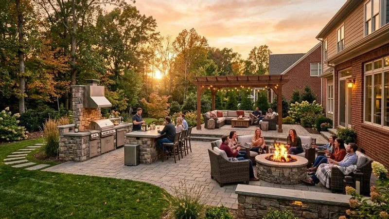 Expansive outdoor living space with paver patio, outdoor kitchen, fire pit, and pergola in a Raleigh backyard at sunset