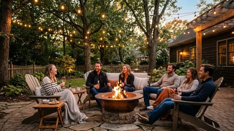 Elegant fire pit area with string lights overhead and comfortable outdoor seating arranged for conversation on a Raleigh patio