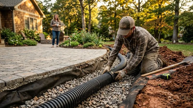 French drain installation alongside a patio edge in Raleigh red clay soil showing proper gravel bedding and drainage pipe