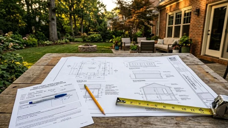 Wake County building permit application documents alongside architectural plans for a covered patio project