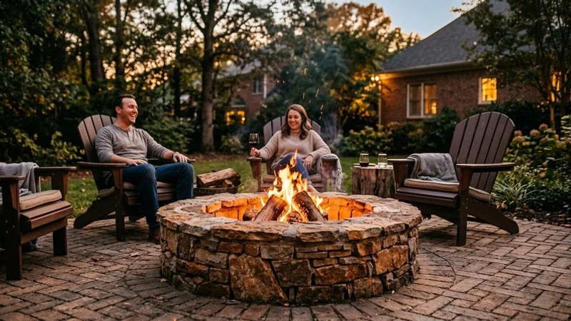 Natural stone fire pit surrounded by Adirondack chairs on a paver patio in a Raleigh backyard at twilight