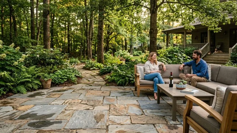 Elegant natural stone patio installation with mixed bluestone and fieldstone creating organic pattern in North Carolina backyard