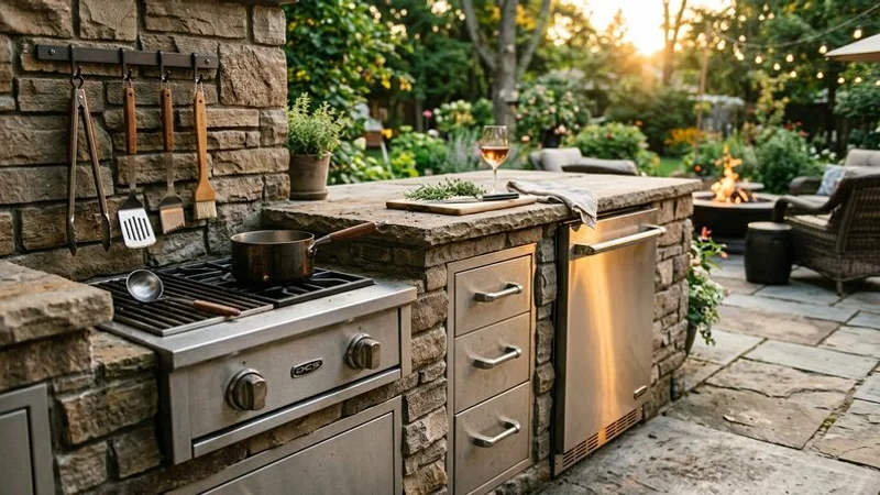 Outdoor kitchen with side burner refrigerator and storage drawers built into stone island on paver patio in Raleigh