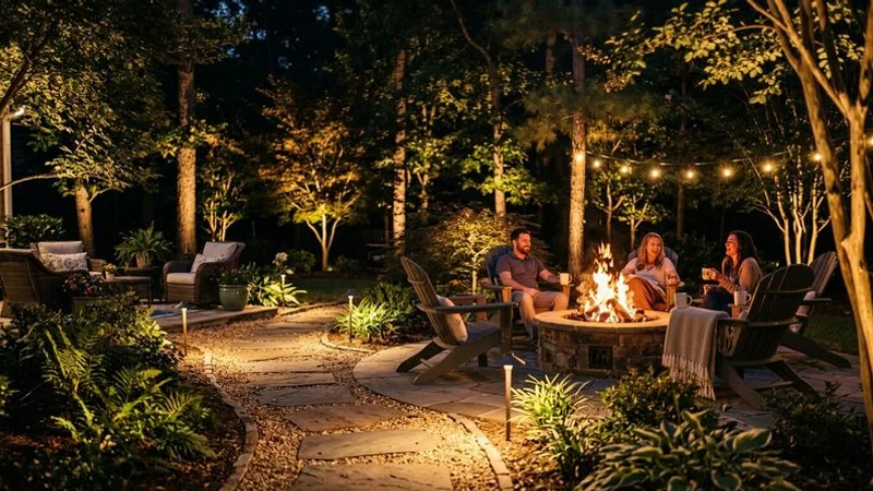 Beautifully lit outdoor living space at night with pathway lights, uplighting on mature trees, and warm glow from a fire pit