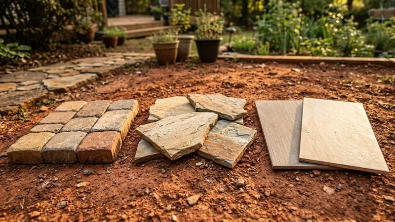 Various patio material samples including pavers natural stone and flagstone displayed on a Carolina red clay soil background