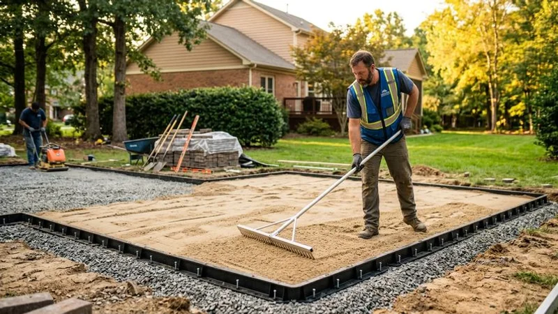Paver patio installation in progress showing base preparation and material layout in a Raleigh backyard