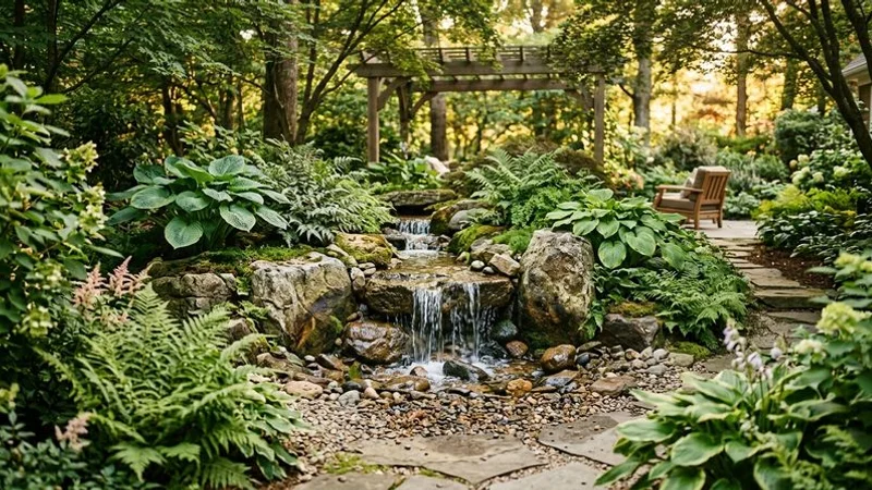 Pondless waterfall with large natural boulders and lush plantings of hostas and ferns creating a tranquil garden retreat