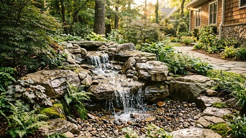 Pondless waterfall with water cascading over layered natural boulders into a hidden gravel basin surrounded by lush plantings