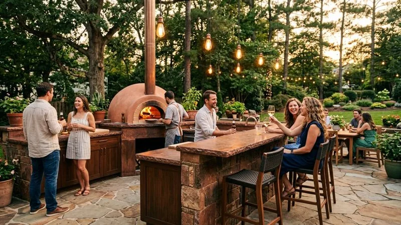Completed premium outdoor kitchen with pizza oven bar seating and ambient lighting for evening entertaining in Raleigh