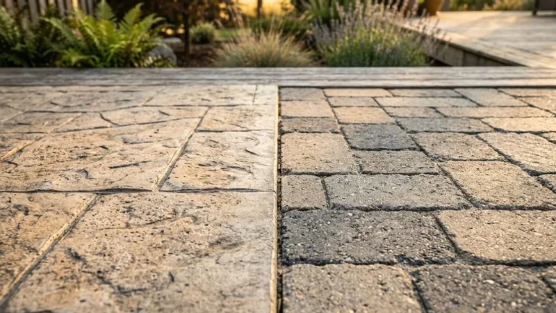 Side by side comparison of stamped concrete patio and paver patio showing texture and color differences in Raleigh backyard