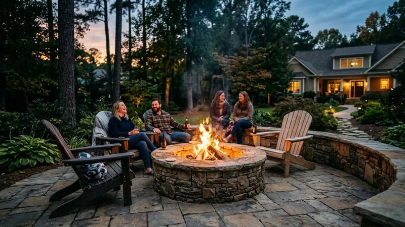 Stone fire pit with surrounding seat wall and Adirondack chairs on a paver patio in a North Carolina backyard at dusk