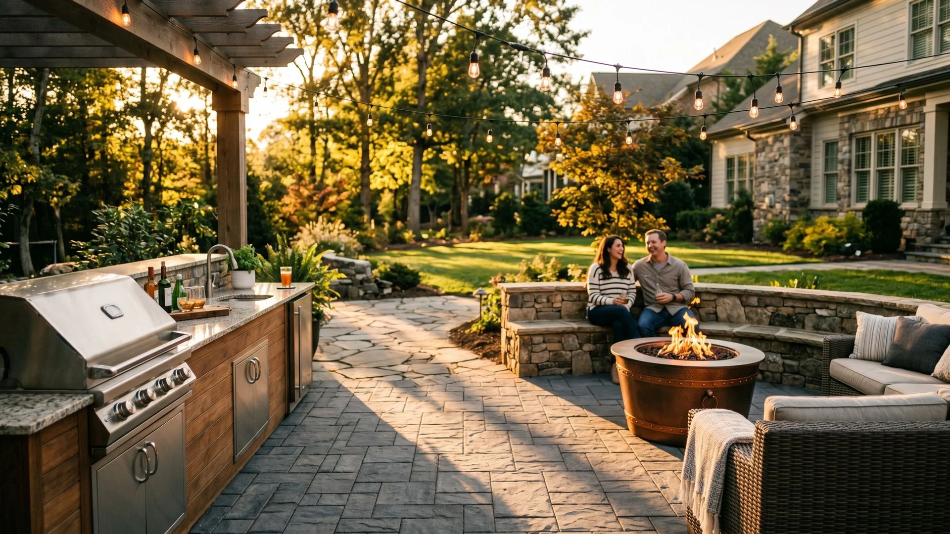 Luxury outdoor living space in Raleigh featuring patio, fire pit, and outdoor kitchen
