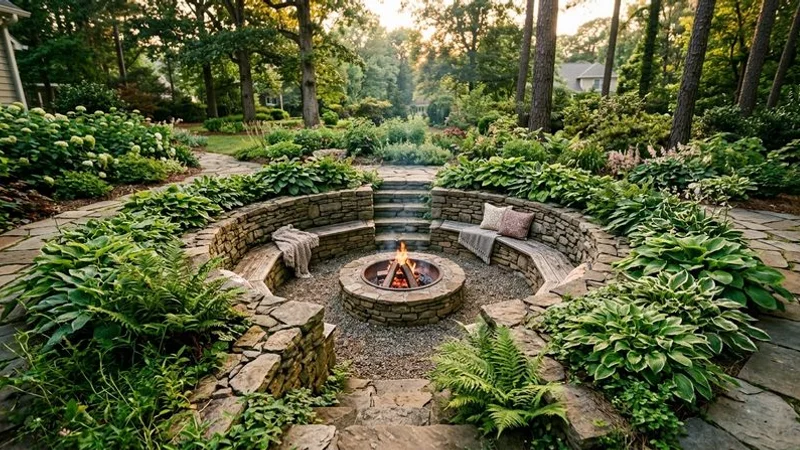Sunken fire pit design with stone retaining walls and built-in bench seating surrounded by lush landscaping