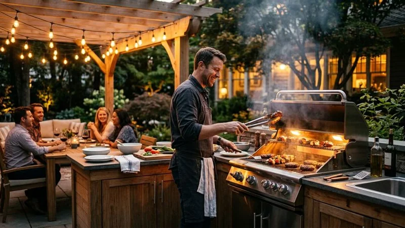Well-lit outdoor kitchen at night with task lighting over the grill and ambient lighting illuminating the seating area